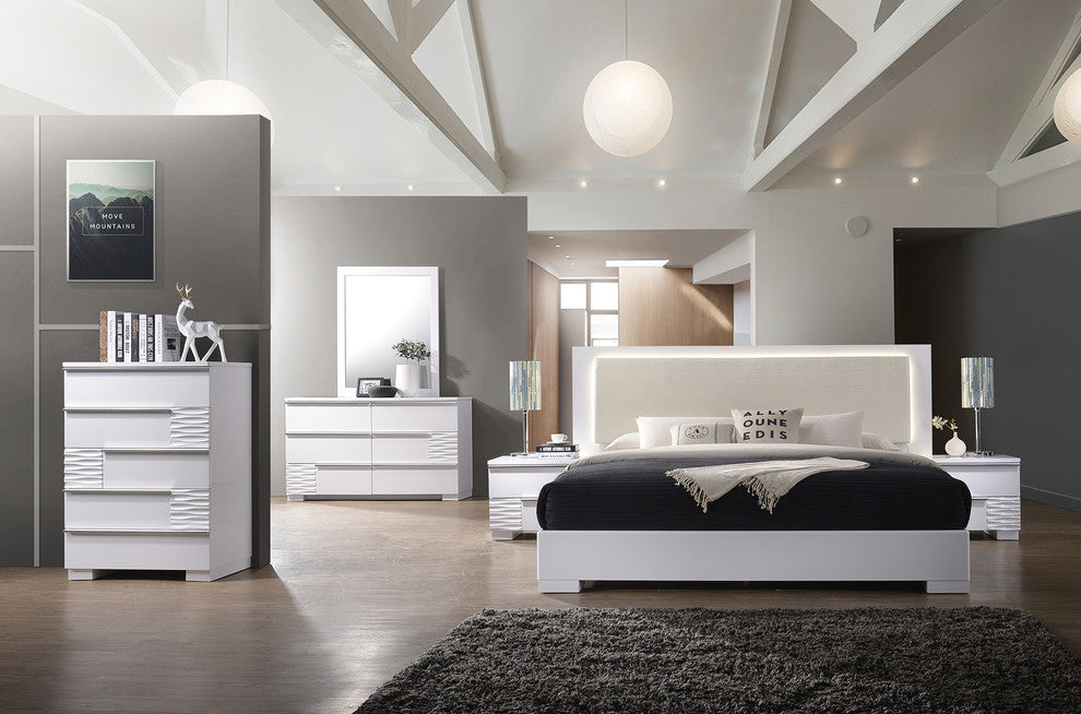 Athens, White Lacquer 5-Piece Platform Modern Bedroom Set, Cal King