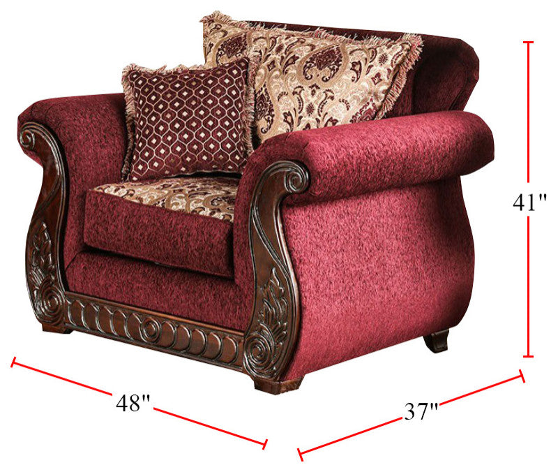 Fabric Upholstered Chair with Rolled Arms Design, Wine, Gold