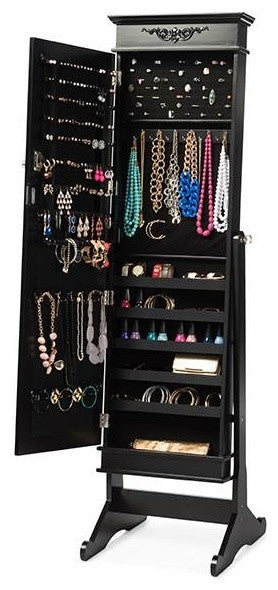 Black Crown Molding Top Free Standing Full Length Cheval Mirror Jewelry Armoire
