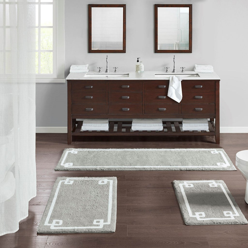 Madison Park Evan High Pile Bordered Bathroom Rug, Blue, Grey, Runner