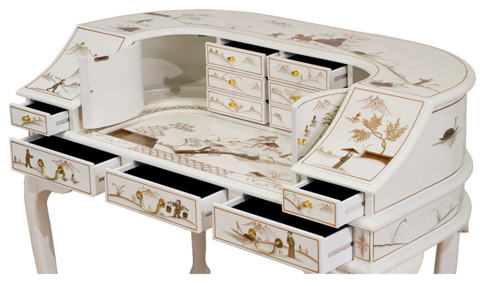 White Lacquer Chinoiserie Harpsichord Style Oriental Desk Set