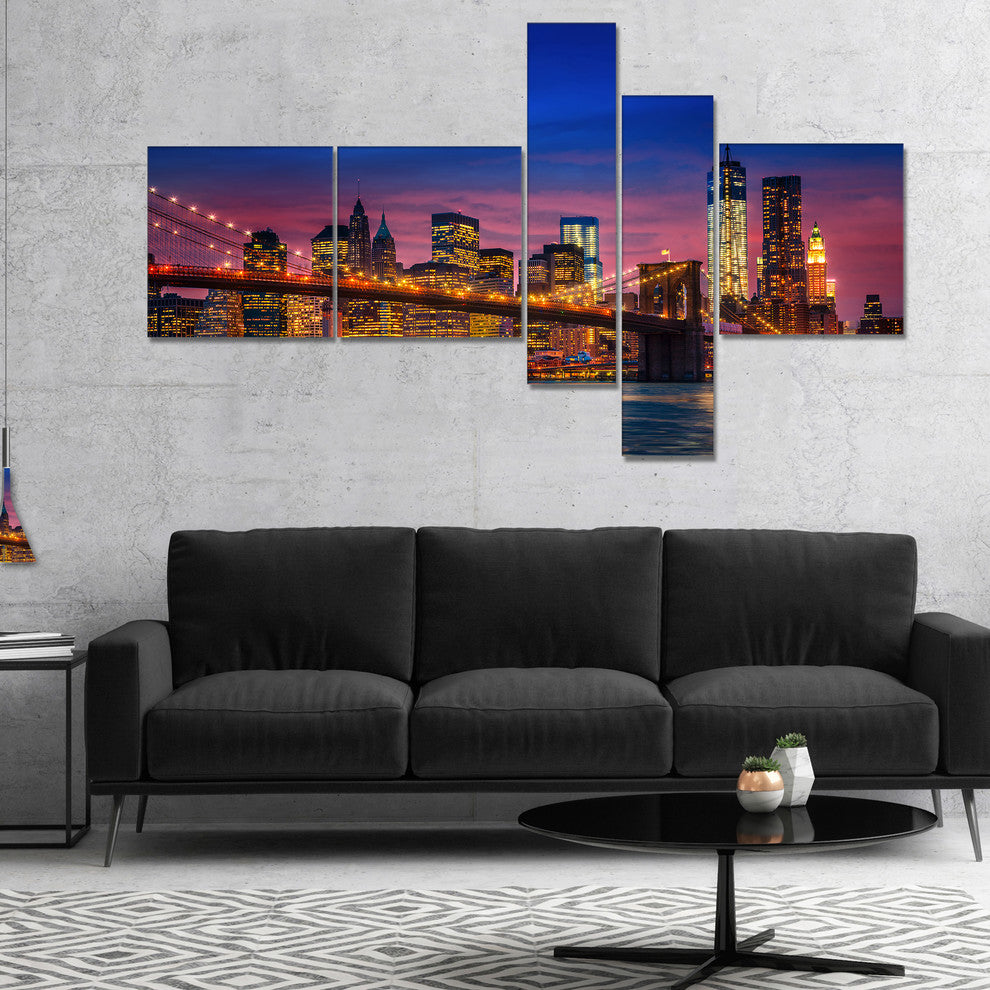 Manhattan with Lights and Reflections, Large Canvas Art Print, 60"x32", 5 panels