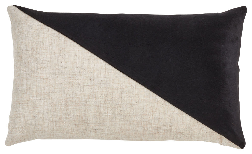 Velvet  LumbarThrow Pillow With Geometric Design, Black, 12"x20", Poly Filled