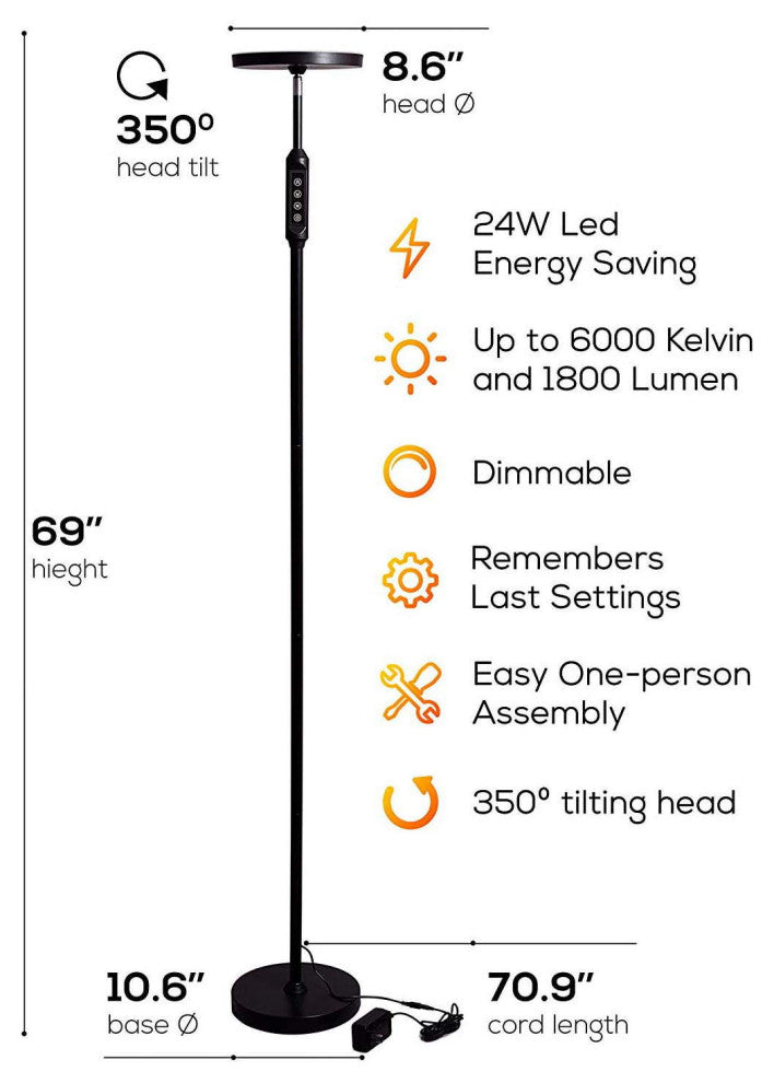 LED Torchiere Super Bright 70" Floor Lamp (5 Color Settings) 2,100 Lumens,Dimmab