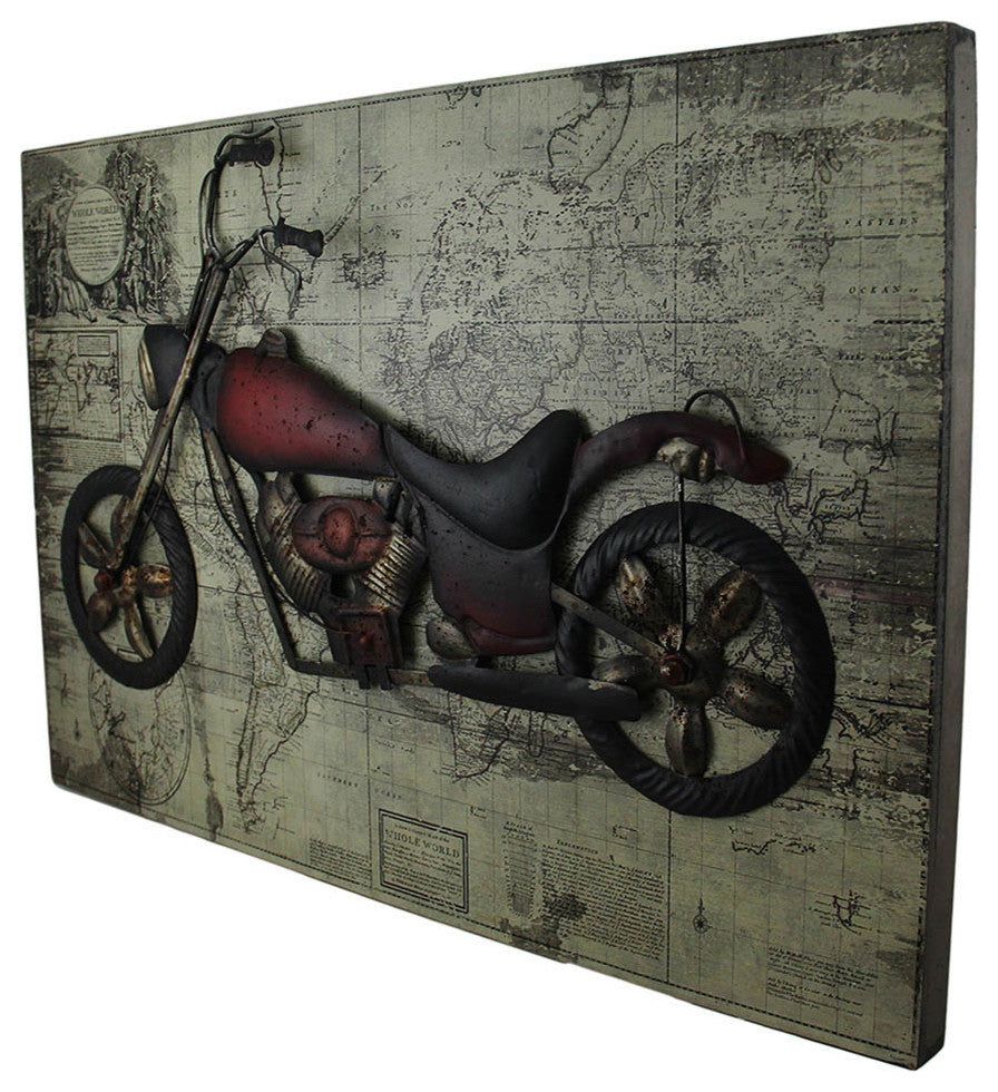 World of Adventure Vintage V-Twin Motorcycle Sculpture On Wood Map Wall Hanging