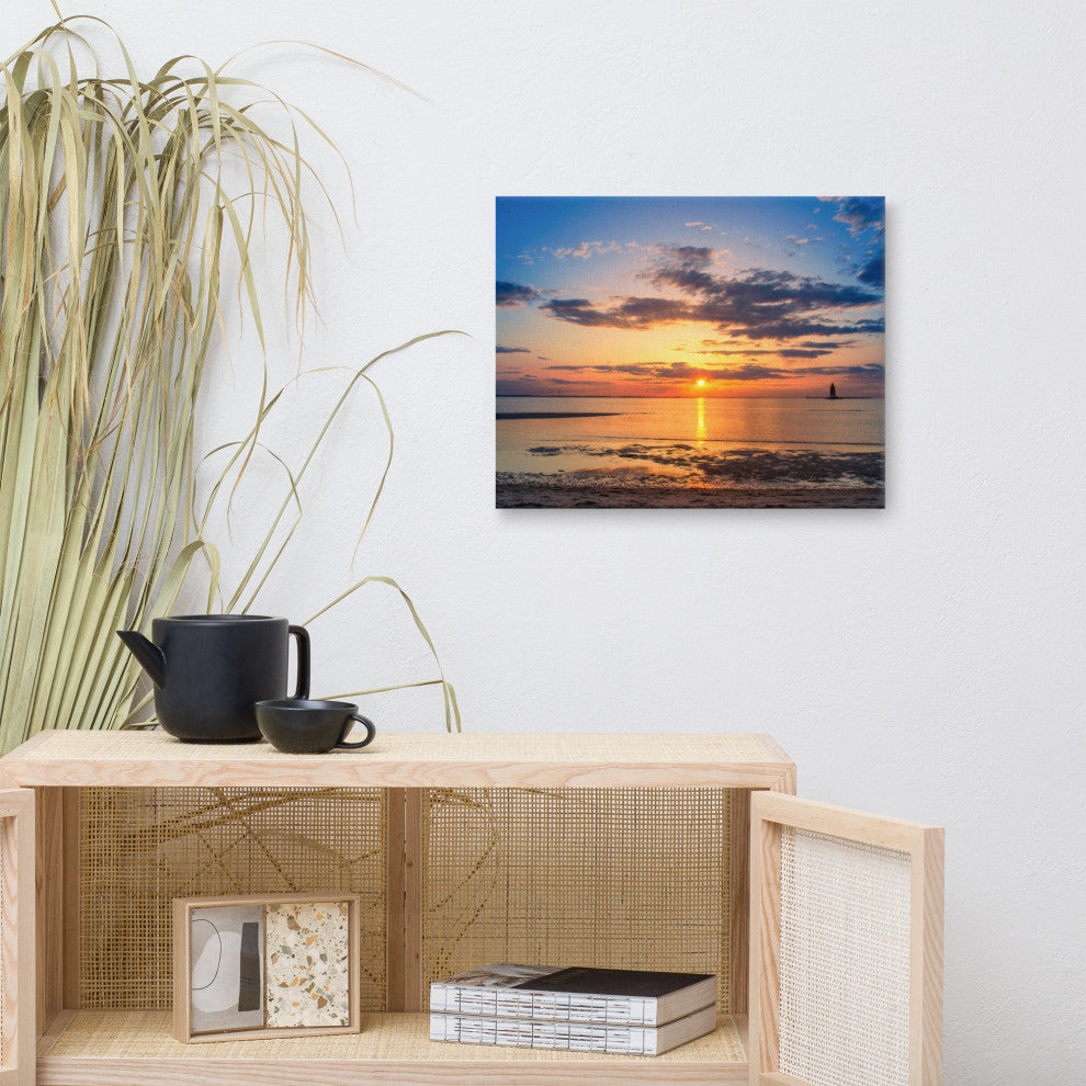 Sunset at Breakwater Lighthouse Coastal Landscape Photo Canvas Print, 16" X 20"