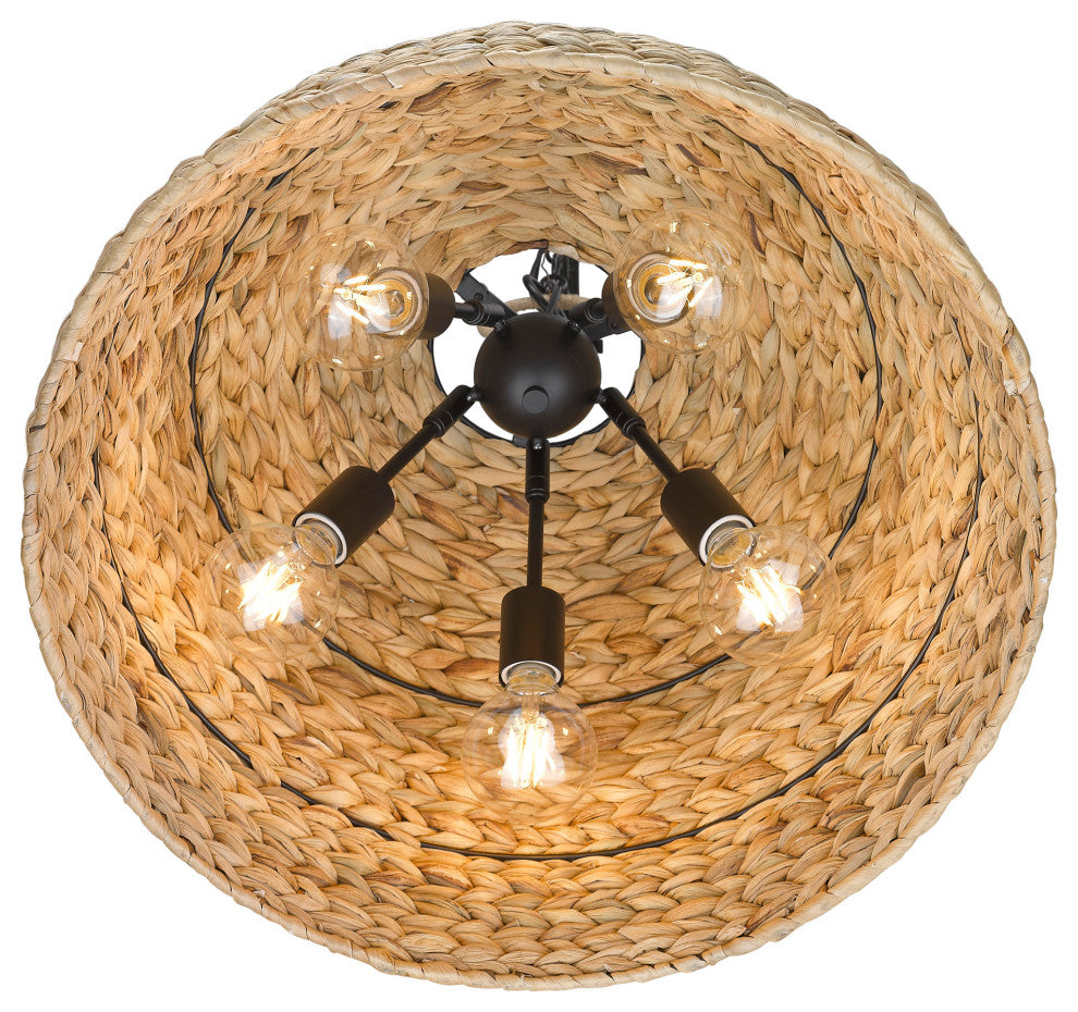 Golden Lighting 1081-5P Rue 5 Light 21"W Pendant - Matte Black / Woven Sweet