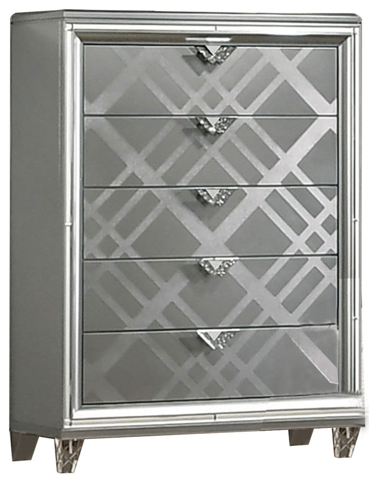 Mirror and Wood Chest with 5 Drawers, Silver