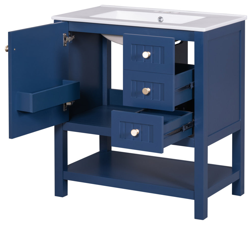 30 Inch Transitional Style Bathroom Vanity Cabinet Combo with Ceramic Sink, Blue