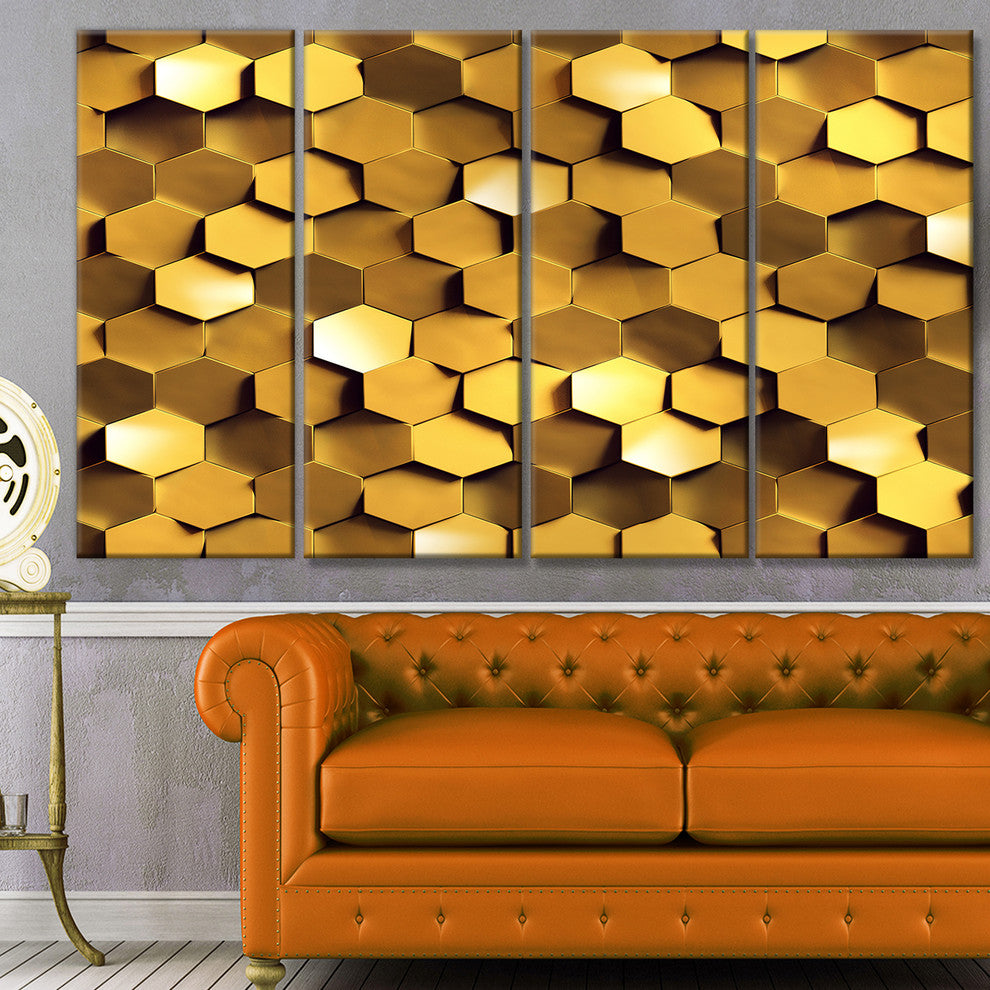 Golden Honeycomb Wall Texture, Abstract Canvas Art Print, 48"x28", 4 Panels