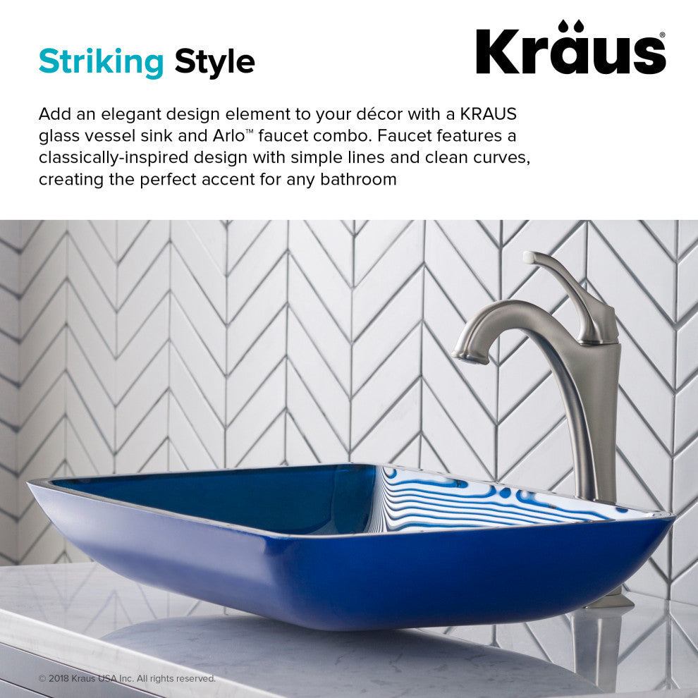 Glass Vessel Sink, Bathroom Arlo Faucet, PU Drain, Mounting Ring, Spot Free Stainless Steel