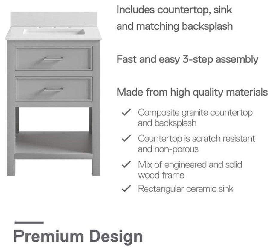 DHP Missouri 24 Inch Bathroom Vanity with Modern Carrera Countertop in Gray