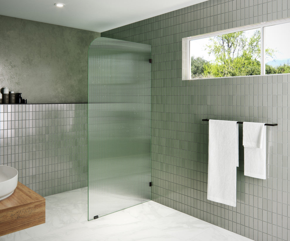 34"x78" Frameless Shower Door, Single Fixed Panel Fluted Radius, Oil Rubbed Bronze, 34" Right