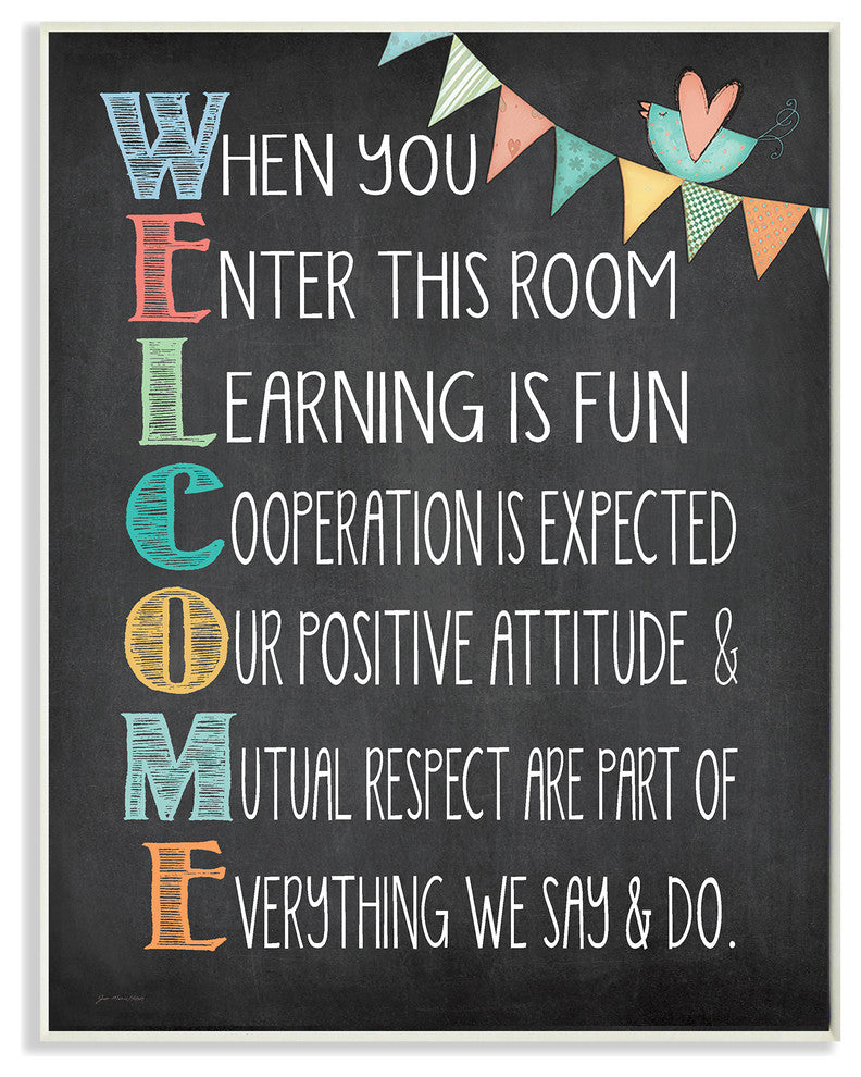 Welcome Acrostic Rainbow Chalk Plaque, 10"x0.5"x15"