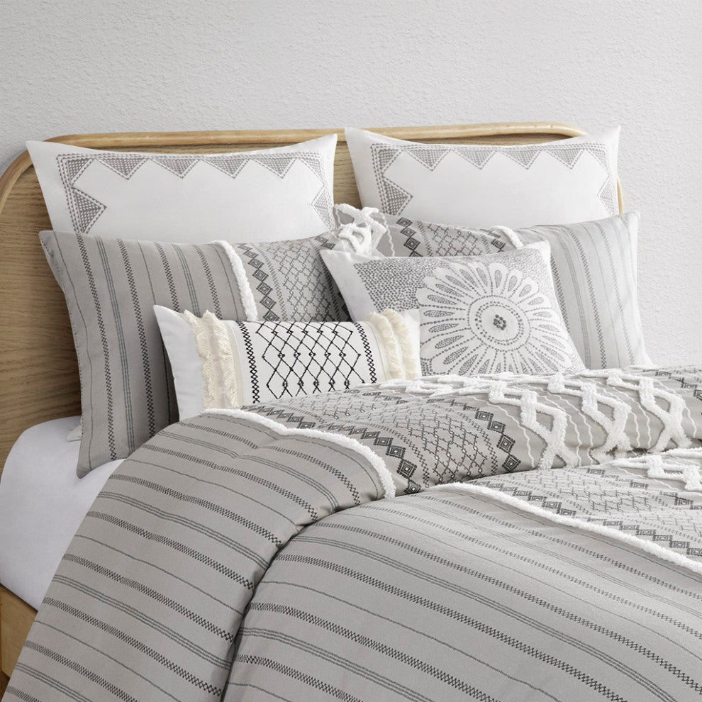 INK+IVY Imani Cotton Printed Duvet Cover Set With Chenille, Gray