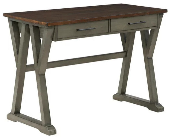 Traditional Desk, Geometric Legs With Trestle Support & 2 Drawers, Slate Gray