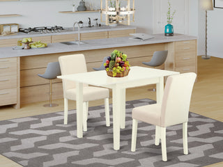 Dining Set 3 Pc, Two Kitchen Chairs, Table, Linen White Wood, Light Beige Color