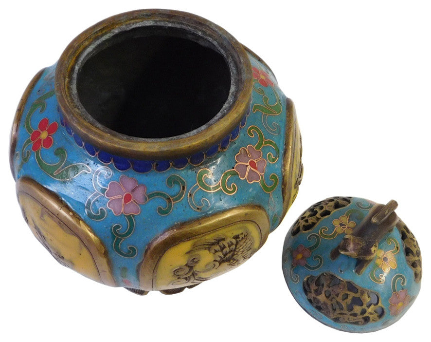 Chinese Metal Blue Yellow Enamel Cloisonne Incense Burner Figure