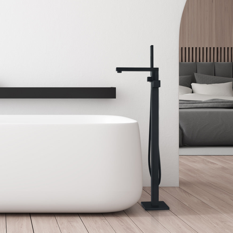 Campia Single Lever Handle Floor Mounted Tub Filler With Handshower, Matte Black