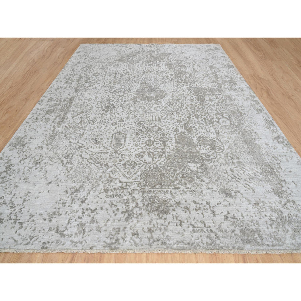 Gray Broken Persian Design Hand Knotted Wool and Silk Oversized Rug, 11'9"x15'