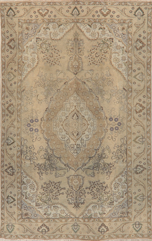 Consigned, Traditional Vintage Faded Handmade Persian Area Rug, Beige, 6x10