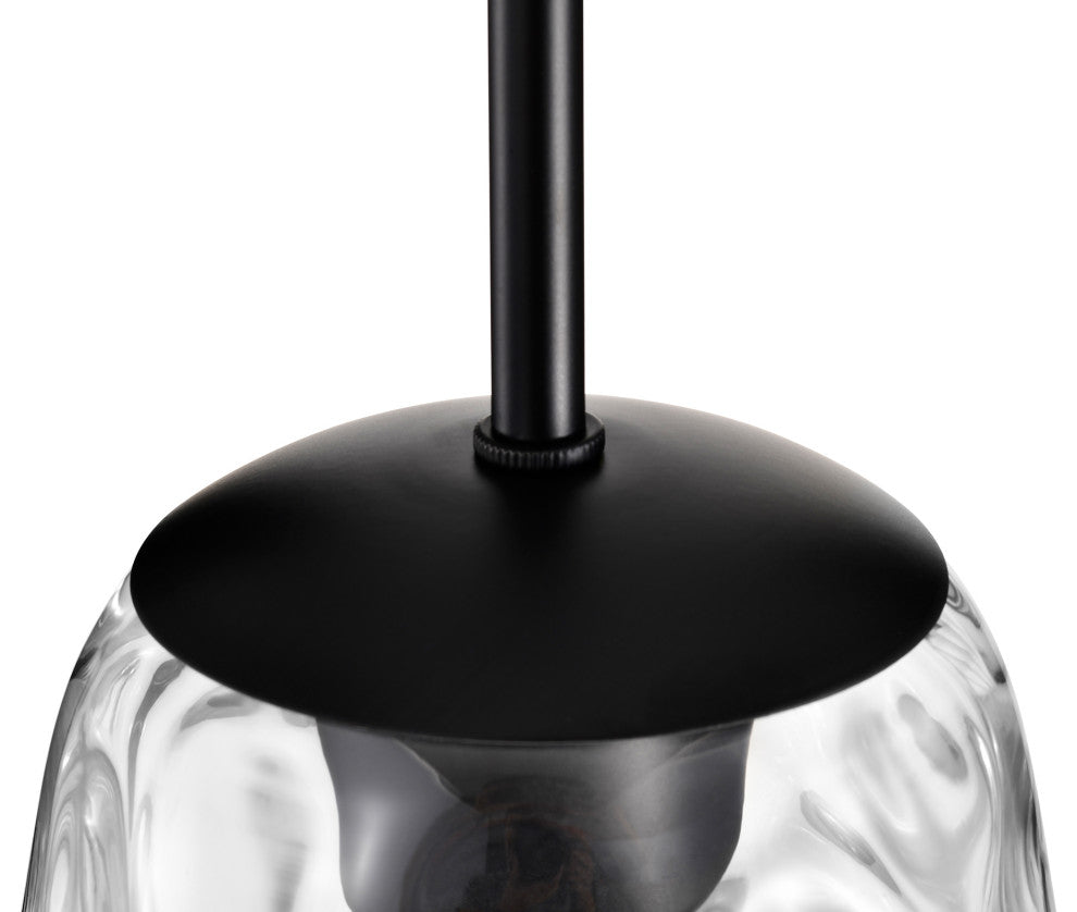 1-Light Matte Black 8 in. Mini Pendant With Hammered Glass Shade
