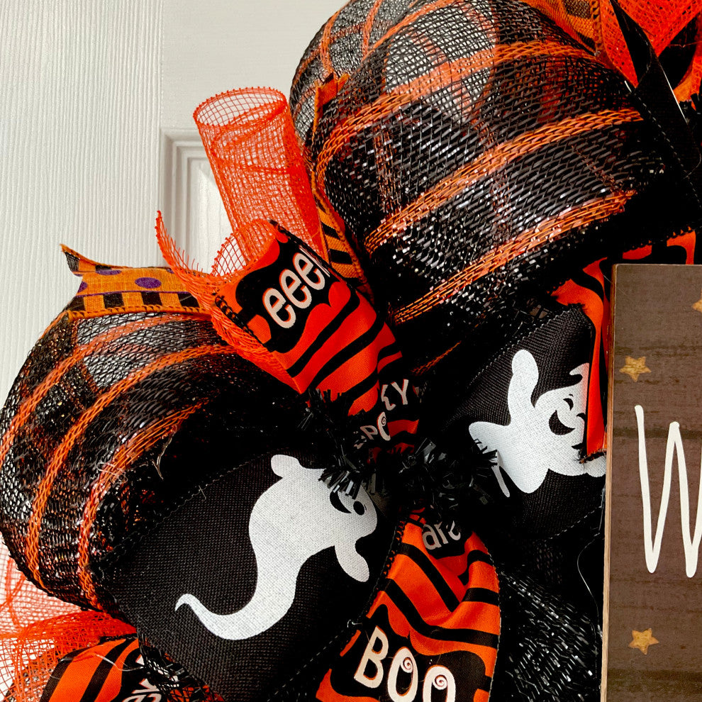 Welcome Crow and Pumpkin Handmade Deco Mesh Halloween Wreath