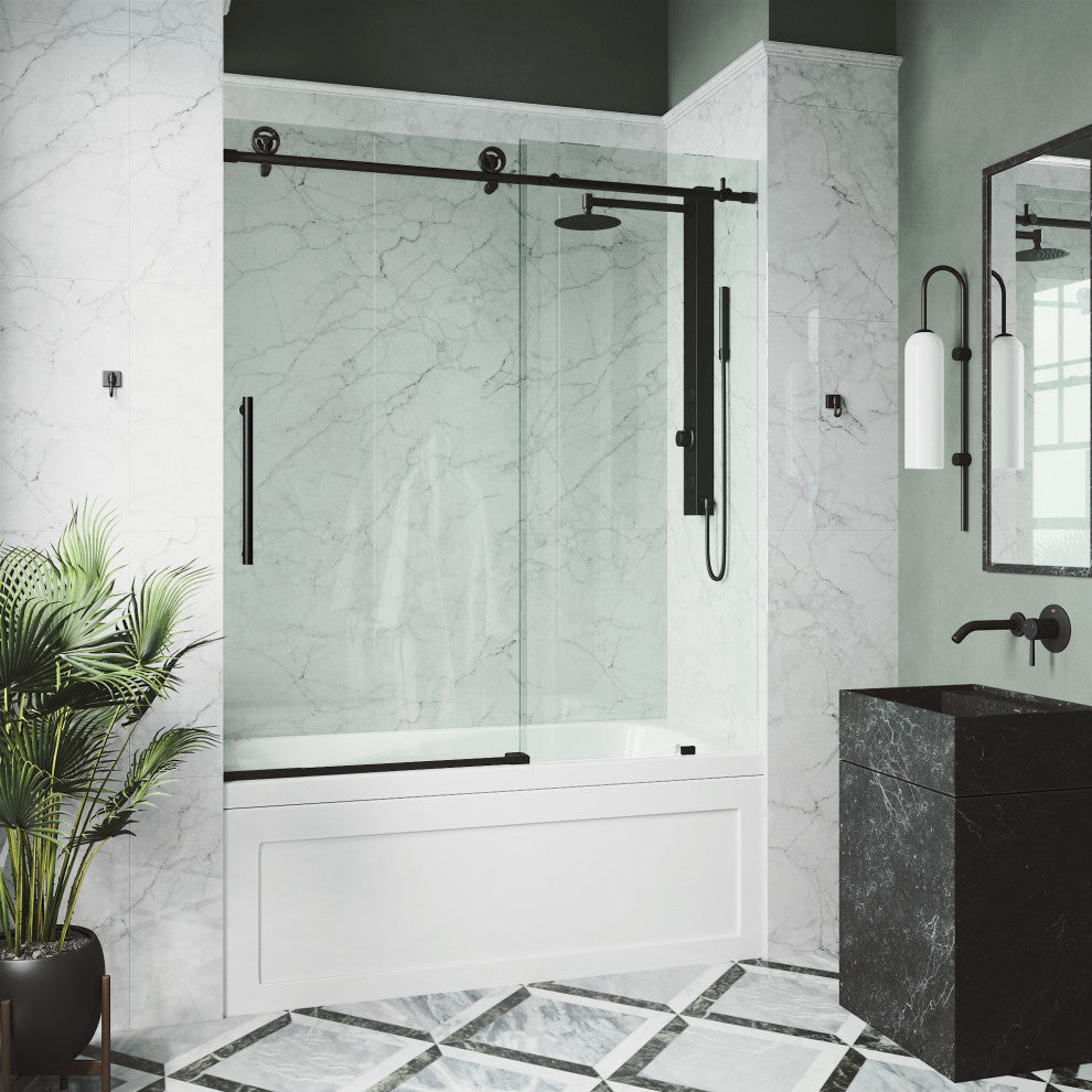 VIGO Elan Cass Aerodynamic 56" to 60" W x 66" H Frameless Sliding Tub Door, Matte Black, Clear Glass