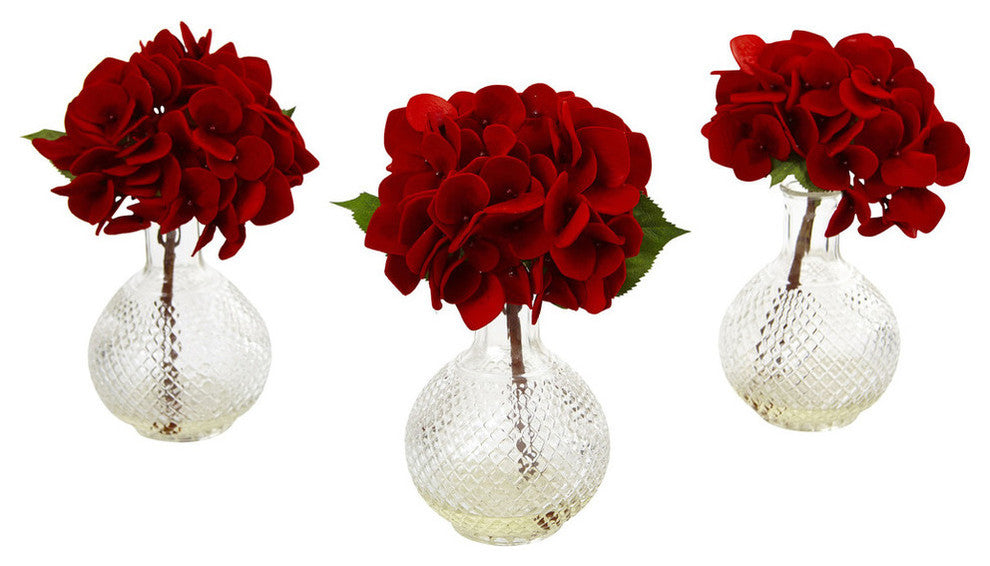 Red Hydrangea With Glass Vase, Set of 3