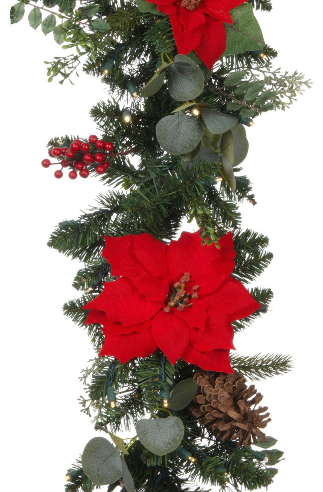 9' Artificial Christmas Garland with Lights, Christmas Poinsettia