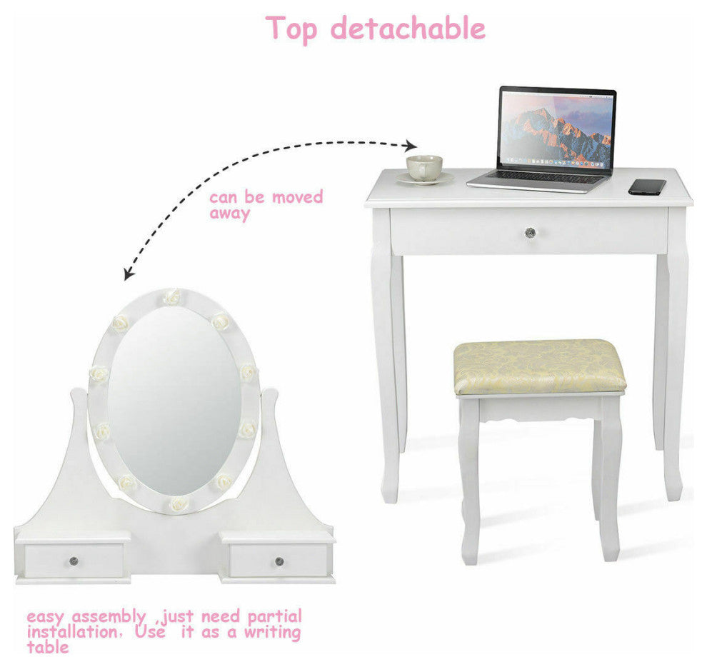Costway 3 Drawers Bedroom Vanity Makeup Dressing Table Stool Set Lighted Mirror