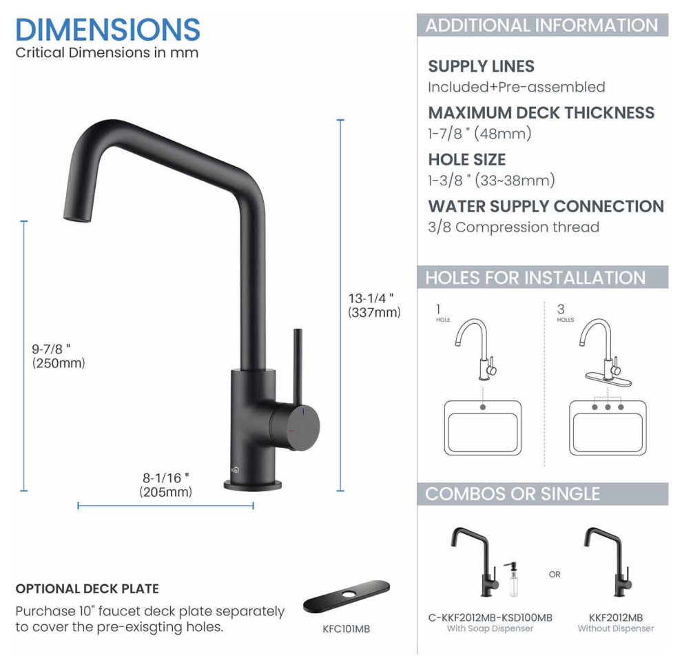 Macon Single Lever Kitchen Bar Faucet, Matte Black W/ Soap Dispenser