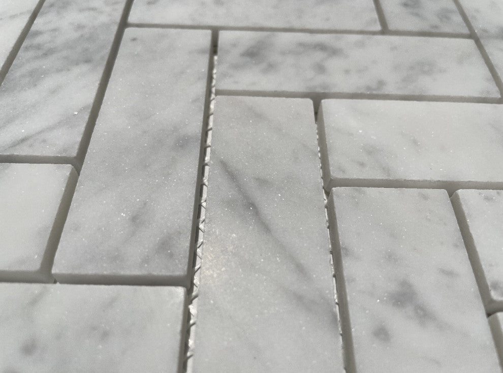 Herringbone Mosaic White Carrara Venato Carrera Marble Tile Honed 1x3, 1 sheet