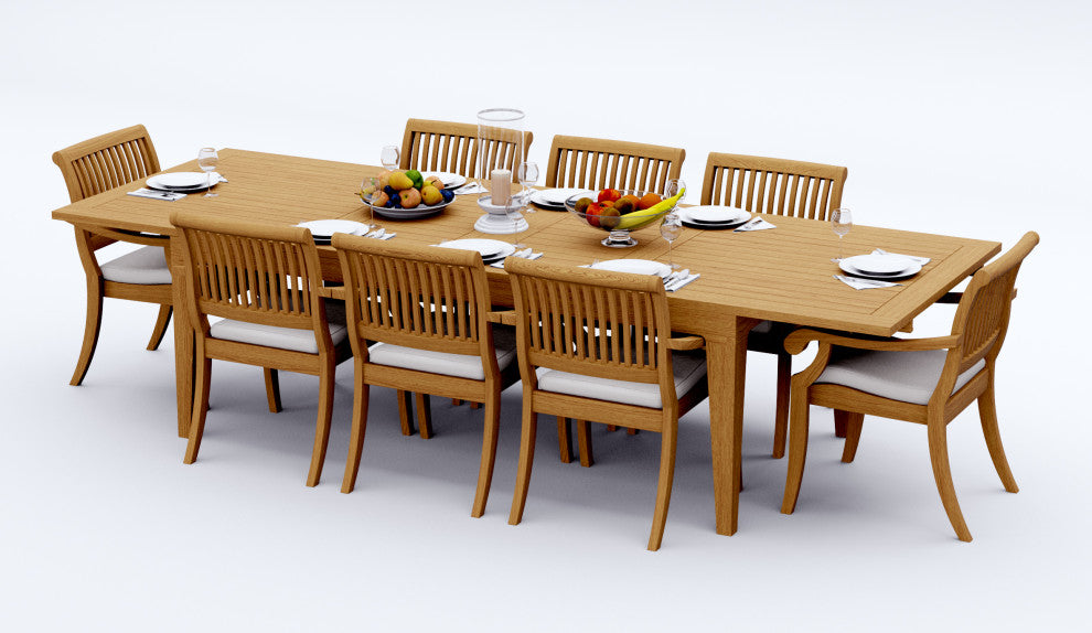 9-Piece Teak Dining Set: 122" Rectangle Extn Table, 8 Arbor Stacking Arm Chairs