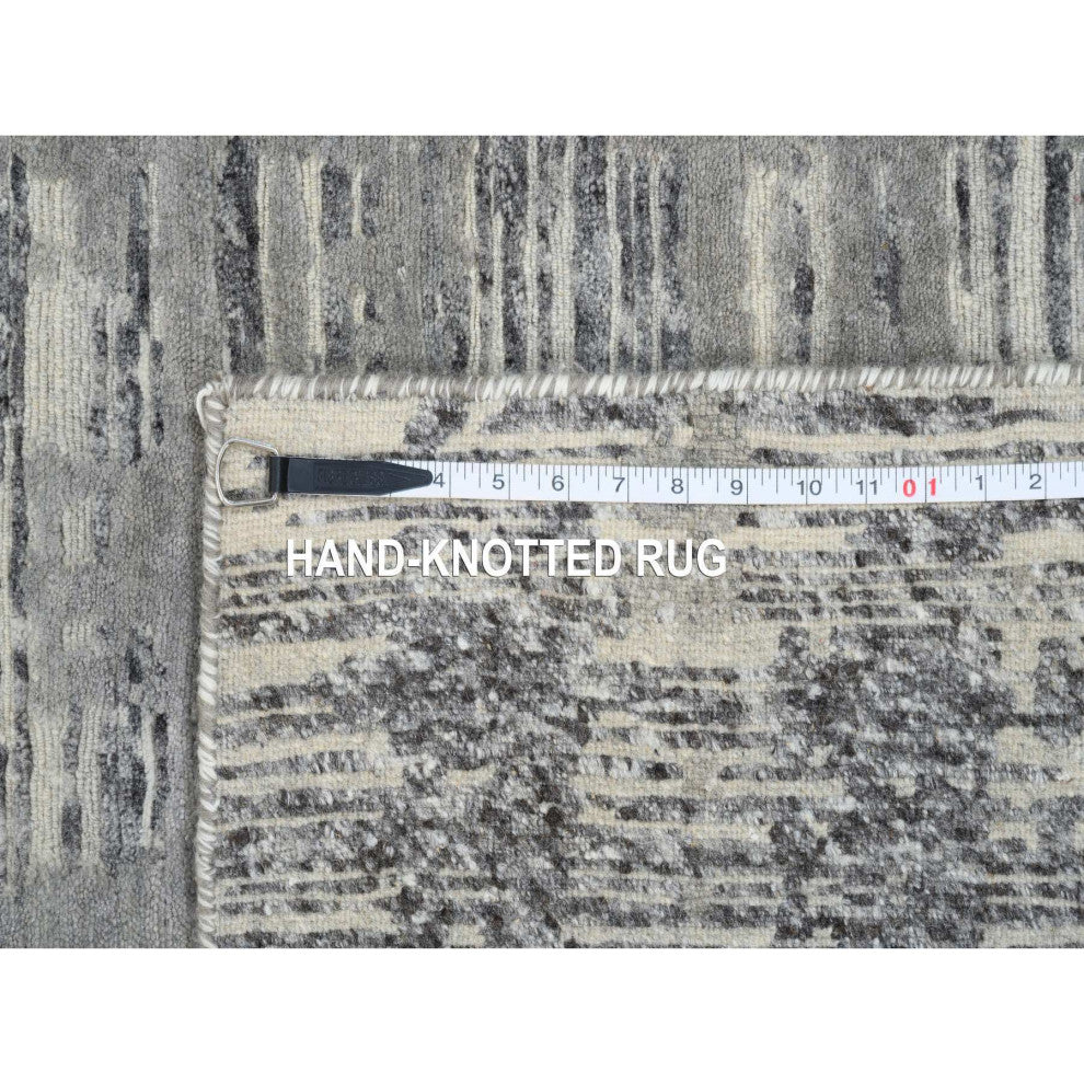 Gray Hand Spun Undyed Wool Modern Hand Knotted Wide Runner Rug, 4'1"x12'0"