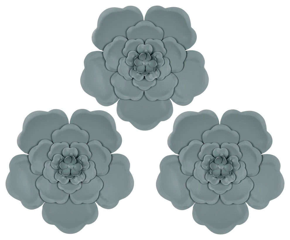 Set of 3 Blue Metal Flowers Wall Decor