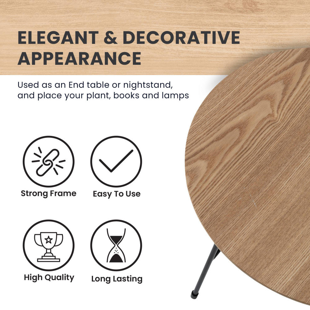 LeisureMod Rossmore Modern Round Side Table With Black Steel Frame, Natural Wood