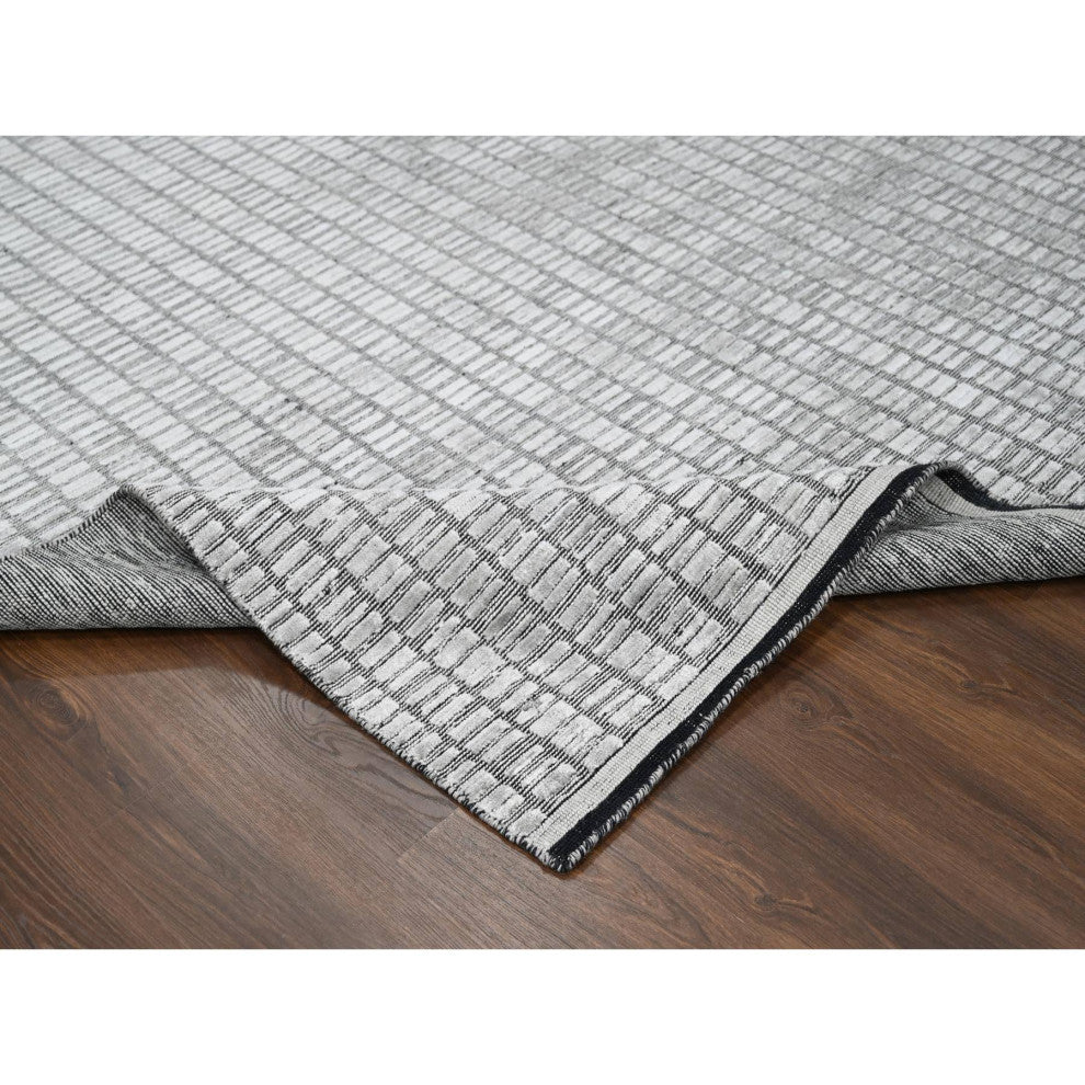 Gray and Black Hand Loomed Wool and Silk Modern Roman Design Rug, 7'10"x10'