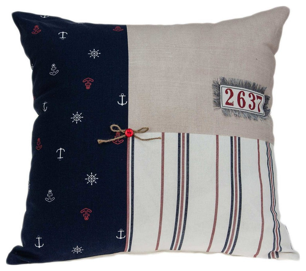 Casual Square Grey Nautical Anchor Accent Pillow, White, Blue, Red,tan, Patch