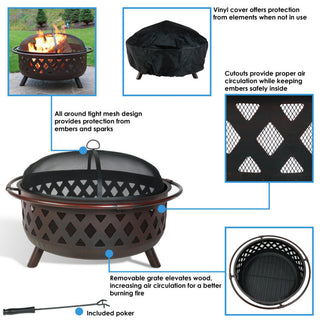 Sunnydaze Round Large Bronze Crossweave Fire Pit With Spark Screen, 36"