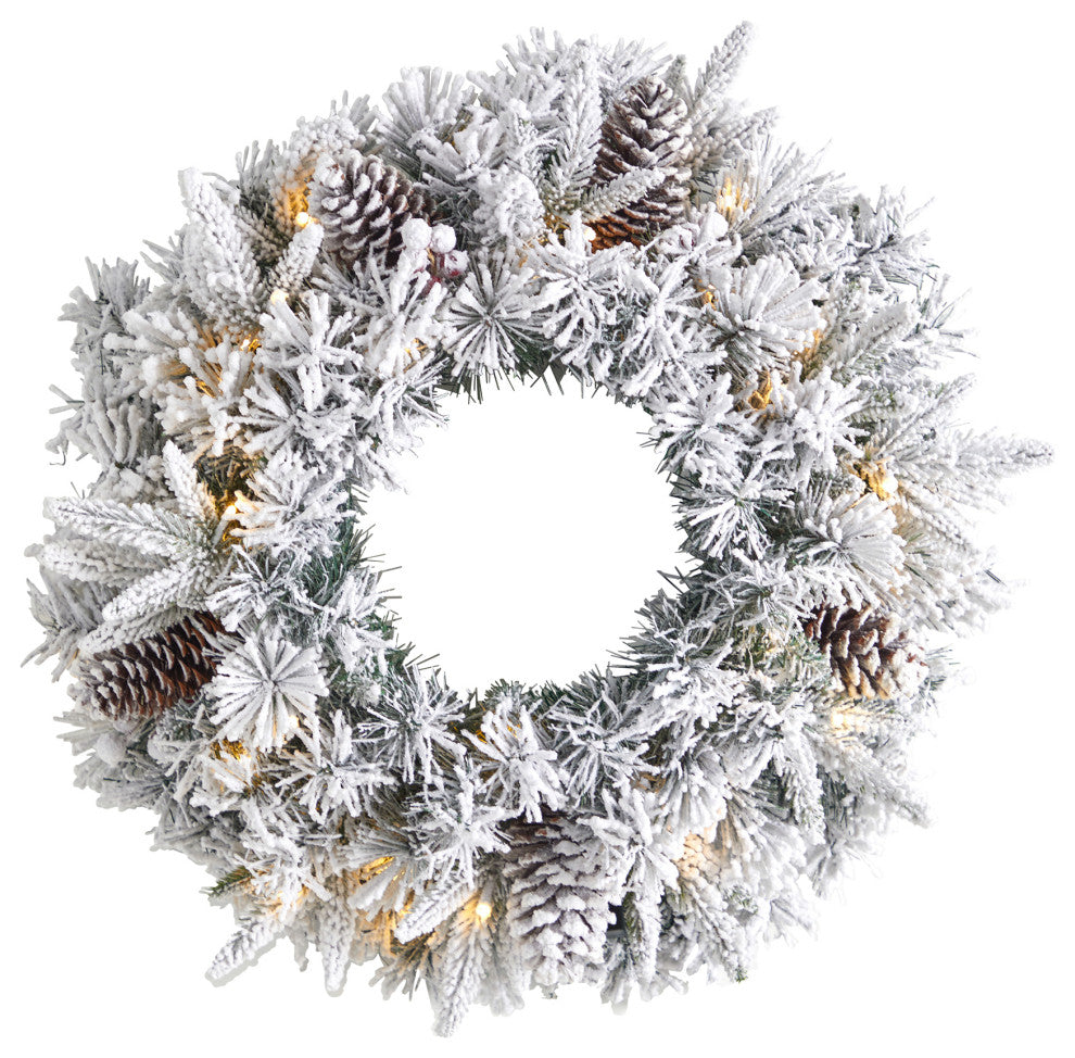 20" Flocked Artificial Christmas Wreath With 35 Warm White LED Lights