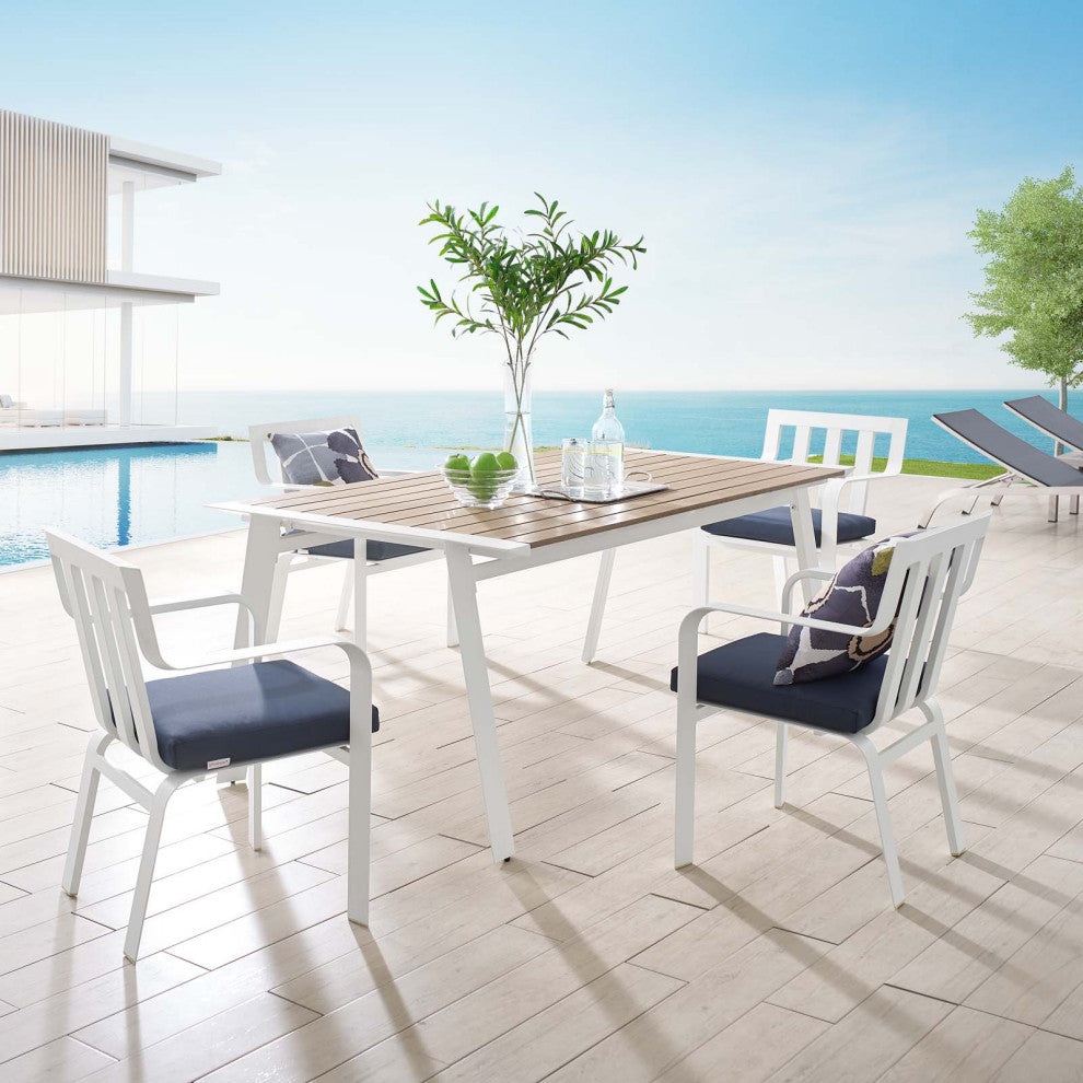 Side Dining Chair and Table Set, Aluminum, Metal, White Blue Navy, Outdoor