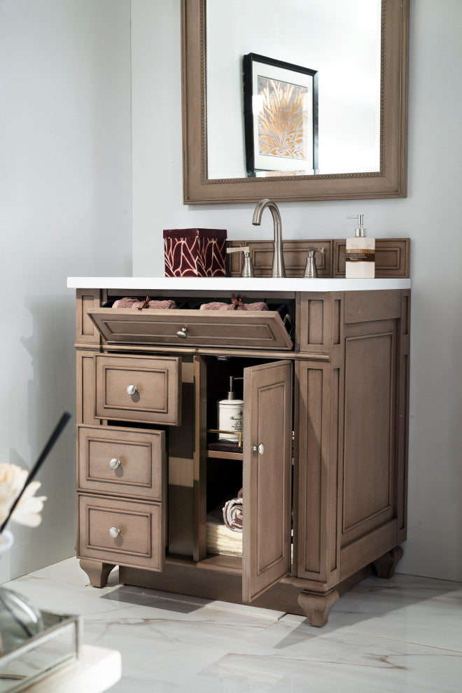 Bristol 30" Single Vanity Whitewashed Walnut, White Zeus Quartz