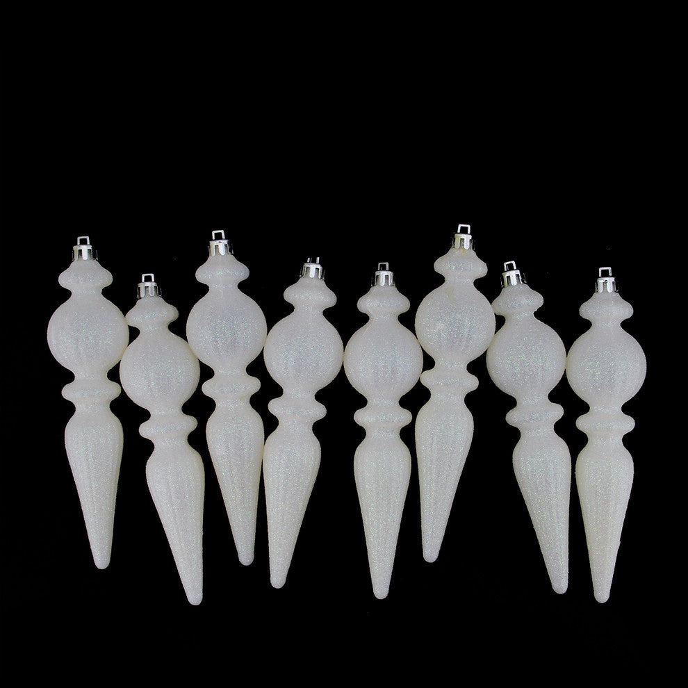 Winter White Glittered Ribbed Shatterproof Christmas Finial Ornaments, Set of 8