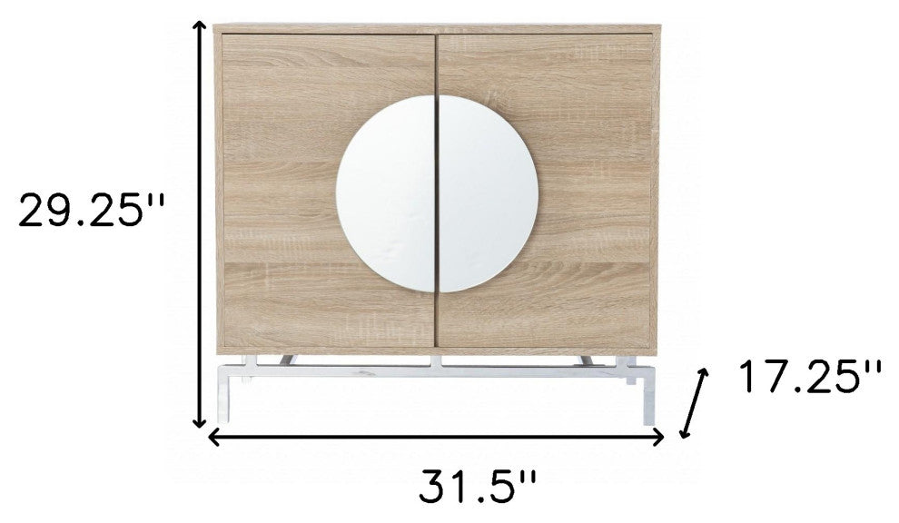32" Natural and Chrome Mirrored Circle Double Door Bar Cabinet
