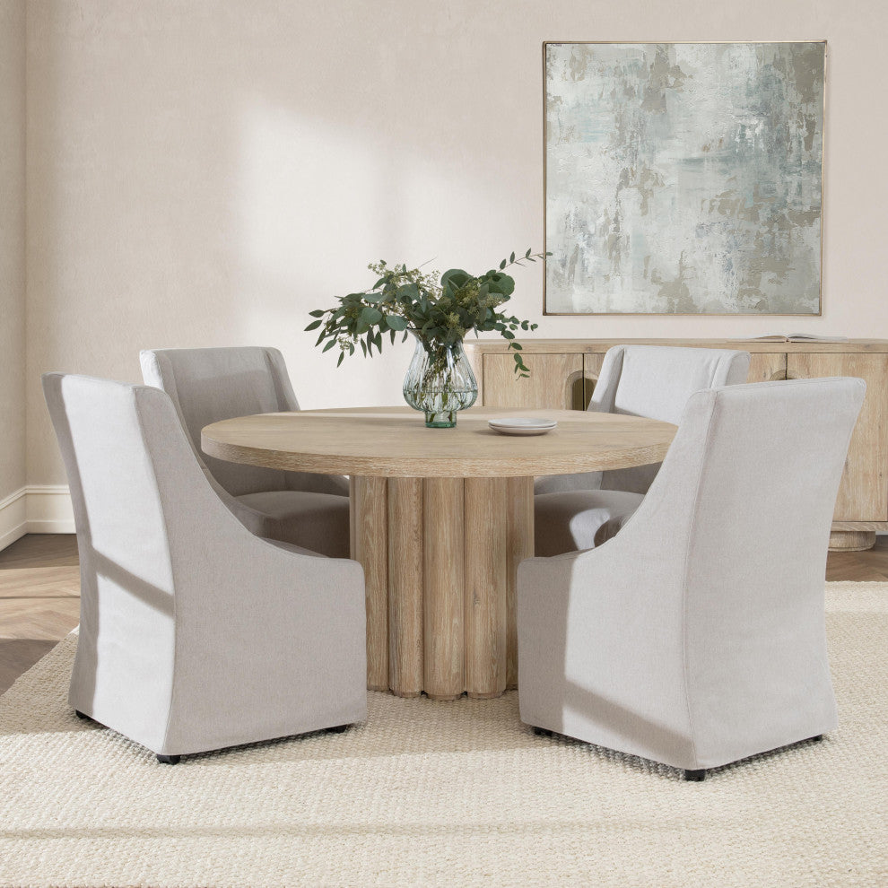 Tiber Oak Wood Round Dining Table, 55", Whitewash