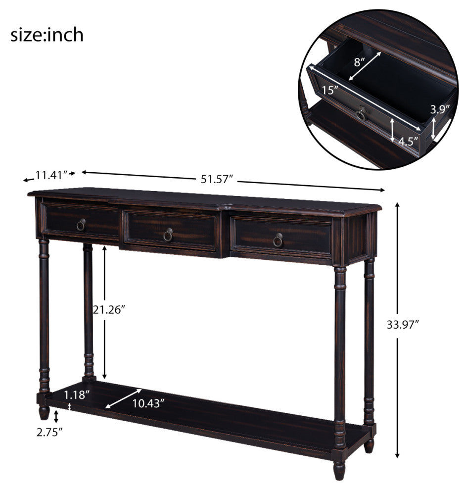 TATEUS 51inch Rustic Chic Console Table With Drawers for Living Room, Espresso