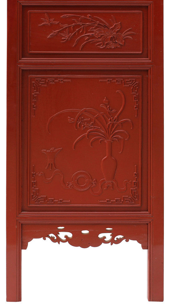 Chinese Red Geometric Flower Bird Accent Narrow Floor Panel Headboard
