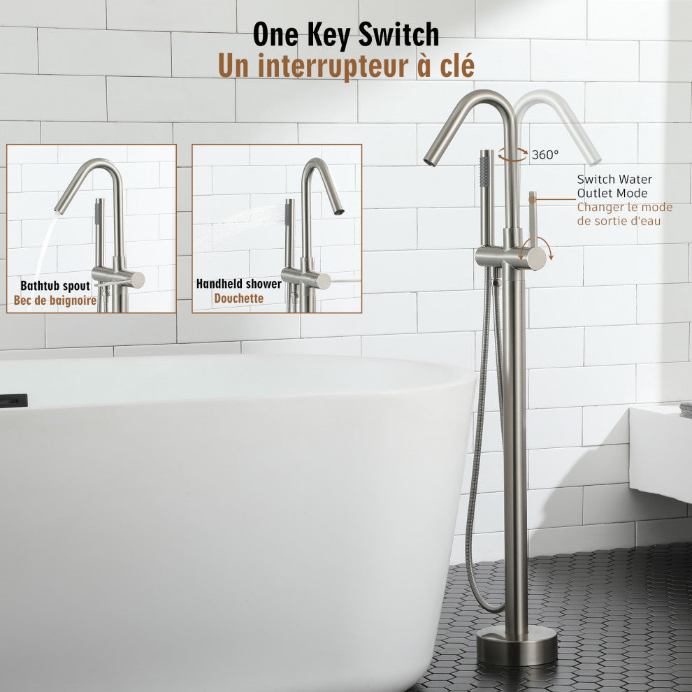 Freestanding Single-Handle Bathtub Faucet with Hand Shower, Brushed Nickel