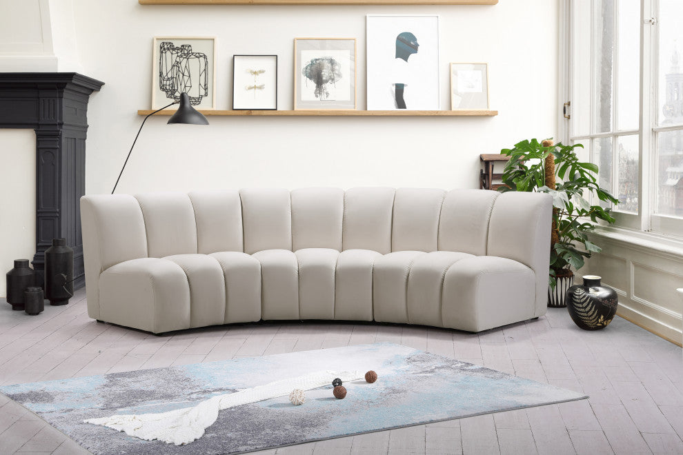 Infinity Channel Tufted Velvet Modular Chair, Cream, 3 Piece